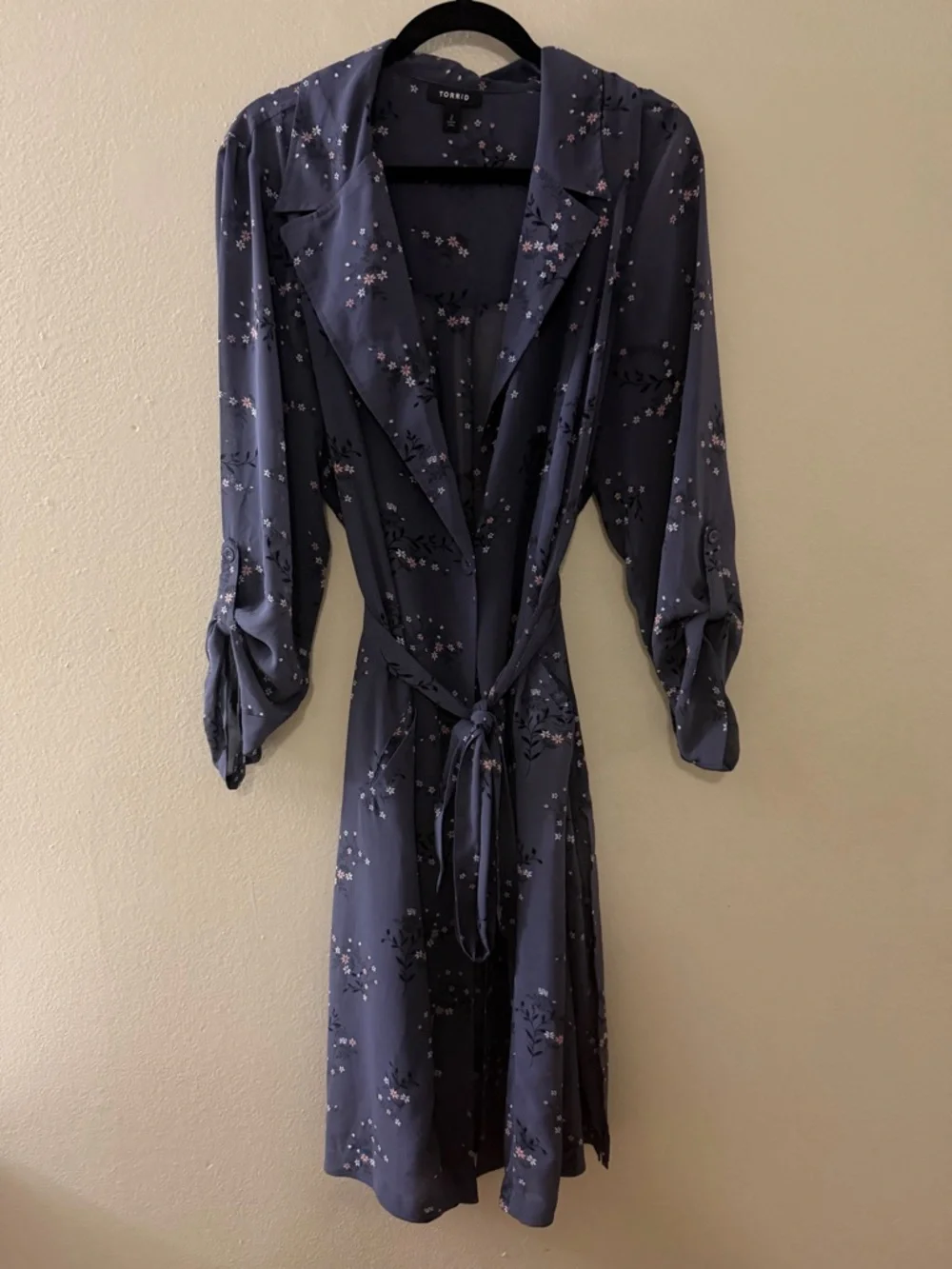 Torrid Floral Georgette Chiffon Trench Duster Coat Tie Belt Sheer Blue 2X 2